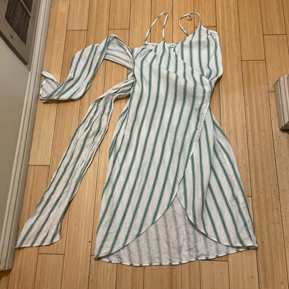Reformation Green Striped Wrap Dress Spaghetti Straps Women’s Size Small Linen - Picture 1 of 8